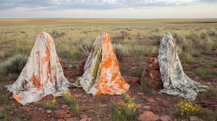 Textile art installations with draped fabric and vibrant patterns set in a rough outdoor landscape with grass and distant horizon under a cloudy sky