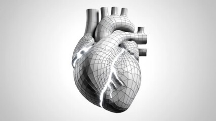 Dynamic 3D wireframe model of a human heart with glowing electrical impulses pulsating across its intricate surface representing advanced medical technology cardiovascular health and complex biologic. - Powered by Adobe