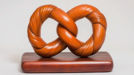 Abstract sculpture crafted from woven bamboo with a warm orange brown finish displayed on a wooden base