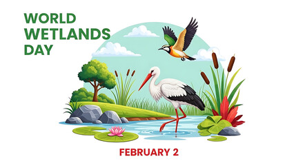 World wetlands day illustration with stork and plants on white background