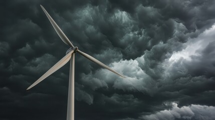 A solitary wind turbine stands its ground with unmoving blades against a dramatic backdrop of dark storm clouds