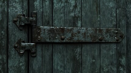 Close up of a rusty metal hinge on an old weathered wooden door with detailed texture