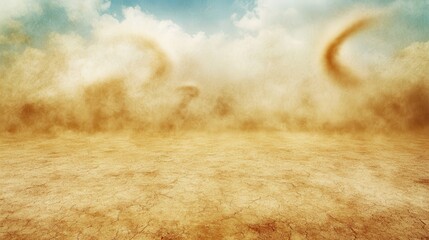Swirling dust devils dancing across a parched desert landscape under a cloudy sky