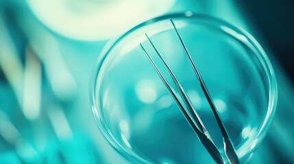 Silver metal forceps with fine tips and angled points in a laboratory setting