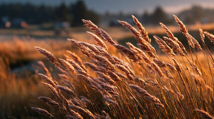 . Wild grass field bathed in golden sunlight, natural landscape, meadow scenery, seasonal outdoor environment, warm tones, serene rural landscape, sunlight patterns, ecosystem biodiversity.