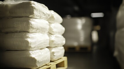 Stacks of compressed ration packs in plain white packaging stored on a wooden pallet in a dimly lit indoor facility