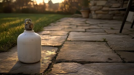 An empty white propane tank with its valve closed rests on a stone patio in golden hour sunlight