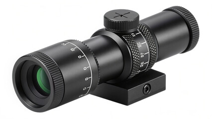A black rifle scope with a green lens on a white background