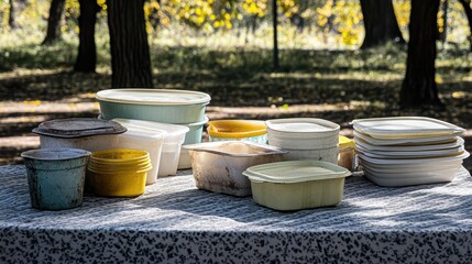 An array of discolored and brittle plastic food containers with lids stacked on an outdoor table covered with a patterned cloth among trees in autumn sunlight