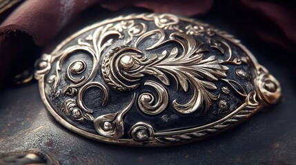An antique tarnished silver buckle with intricate ornate swirling floral metal design