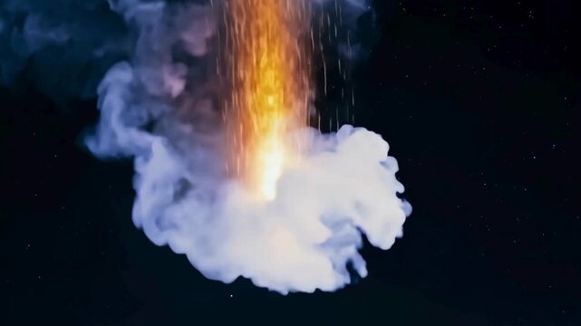 Heavy white smoke column with a glowing fire core and sparks falling downwards, simulating a rocket launch or meteor trail.
