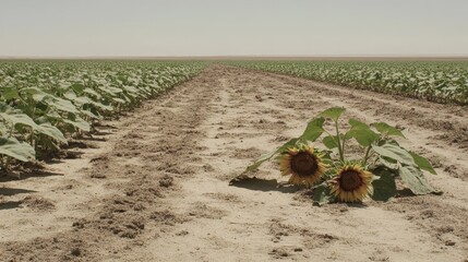 Two wilting sunflowers droop on a dusty dirt path through a vast agricultural field under a clear daytime sky