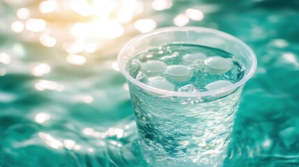 Biodegradable water purification tablets dissolving in a clear plastic cup with ice floating in refreshing liquid