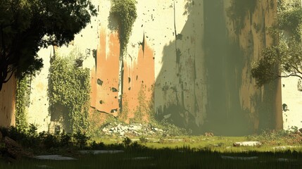 Ancient overgrown stone cliffs with weathered orange accents and lush green vegetation in a serene natural landscape