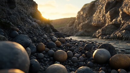Smooth water worn stones cover a dried riverbed with a gentle stream flowing through a rocky canyon at sunset