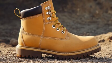 Single yellow leather work boot with laces resting on gritty surface