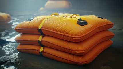 Stack of collapsible orange water bladders made of robust material with yellow straps and black buckles