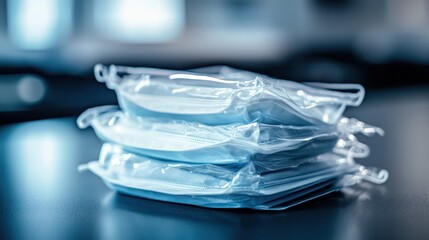 Stack of individually sealed sterile medical masks in blue packaging