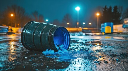 An overturned barrel spills unknown blue liquid and white substances onto a wet, icy ground at night illuminated by distant streetlights