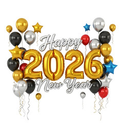Happy 2026 new year celebration sign with colorful balloons and stars isolated on transparent background
