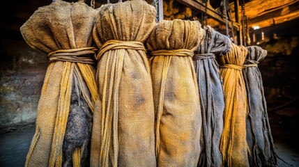 Bundle of tightly bound coarse jute sacks displaying rough natural fibers tied with rope for storage