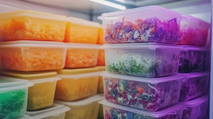 Stacked clear plastic containers holding colorful prepared food portions in a retail setting