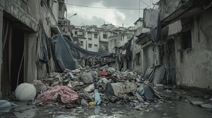 Child sits alone in the middle of a waterlogged slum filled with discarded belongings and overflowing garbage