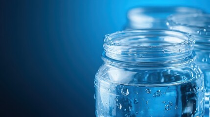 Close up of a clear glass jar filled with pure water and condensation droplets against a soft blue background