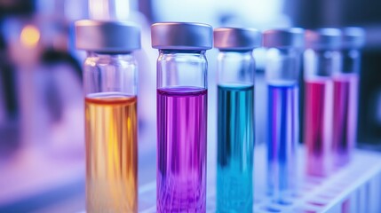 Clear glass ampoules containing vibrant colored liquids stand in a laboratory setting ready for scientific experimentation and analysis