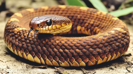 Fototapeta premium Close up of a patterned South American rattlesnake with its coiled body and detailed scales