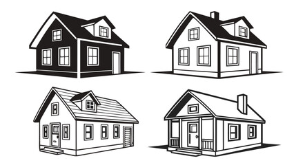 A collection of charming quaint and detailed house illustrations presented in a stark black and white silhouette