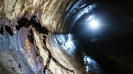 Close up of a dark cracked industrial tunnel with light shining from its end showcasing damp rough textures