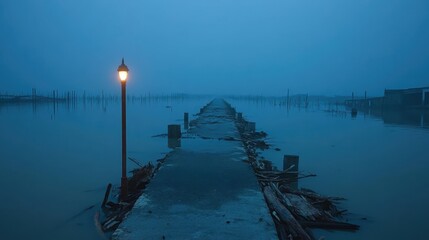 Submerged Coastal Road Pier in Murky Water with Glowing Lamp