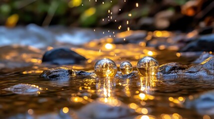 Close up of clear water bubbles reflecting golden light on a wet stream surface with natural bokeh background