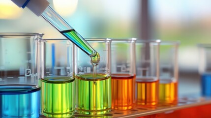 Close up of a pipette dispensing colored liquid into laboratory beakers for scientific research