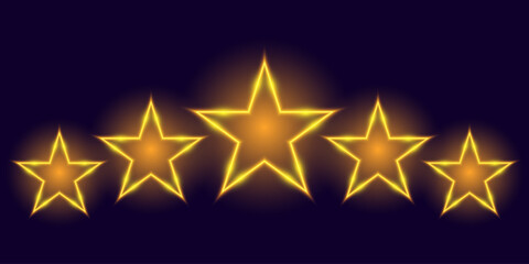Five neon stars, yellow glowing icon, vector illustration.