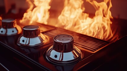 Close up of a grilling device with flames in the background