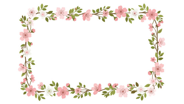 Beautiful rectangular floral frame adorned with delicate pink cherry blossoms and lush green leaves on intertwining branches, perfect for spring designs.