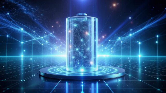 Futuristic energy storage battery visualization presents digital power, smart energy technology, electric capacity and data driven performance with glowing particles in a high tech sci fi environment.