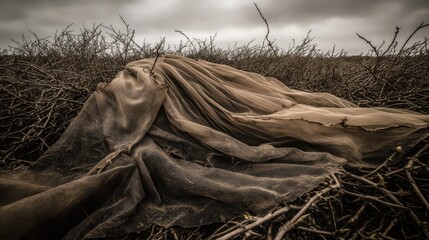 Tattered netting with visible holes and frayed edges lies discarded on the ground amidst dry undergrowth and twigs under an overcast sky