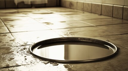 Contaminated liquid pooling in a shallow metal basin on a tiled floor surface