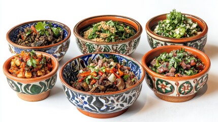 Colorful vegan ethnic cuisine bowls on a white backdrop