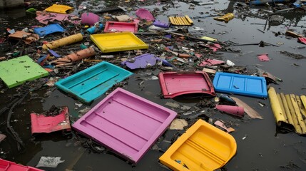 Colorful plastic fragments and piping debris floating on the surface of polluted water