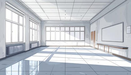 Minimalist hand-drawn illustration of an empty classroom space, only a few lines