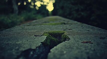 Cracked and weathered concrete slab with vibrant green moss growing in the fissures