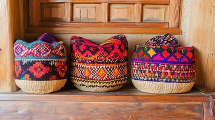 Close Up of Woven Textile Bundles on a Wooden Shelf