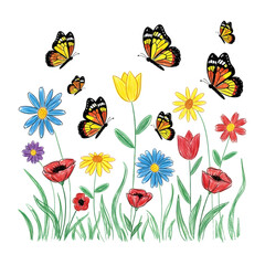 Colorful butterflies and flowers isolated on transparent background