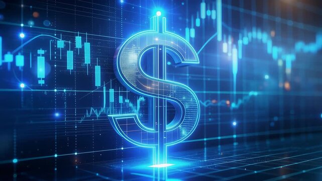 Digital finance growth concept features glowing dollar symbol, stock market chart movement and financial data visualization in a futuristic trading environment with dynamic light effects.