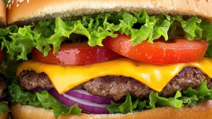 Close up shot of an American burger with melted cheese