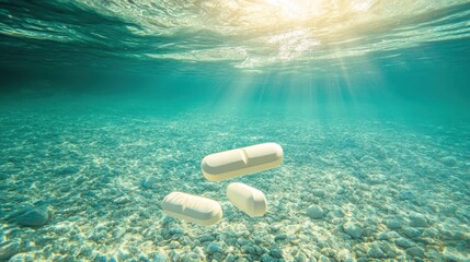 Water purification tablets floating submerged in clear turquoise water with sunlight beams shining down on the pebbled ocean floor